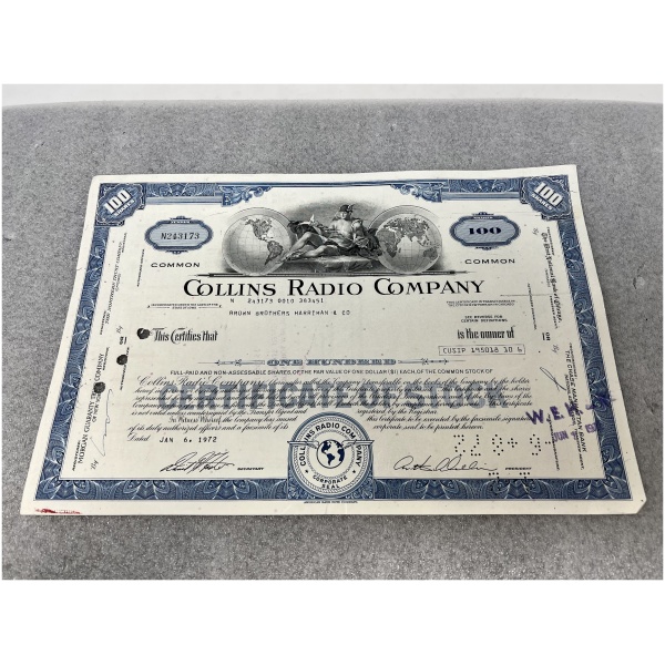 1972 Collins Radio Company Certificate of Stock - Image 3