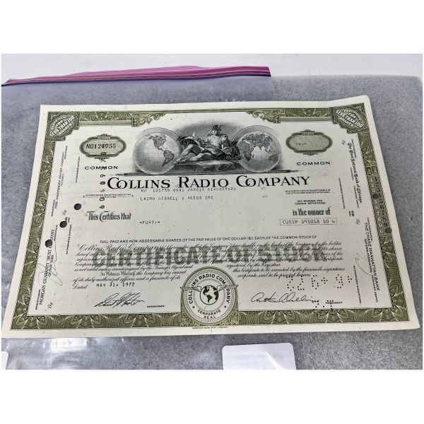 1972 Collins Radio Company Certificate of Stock - Image 2