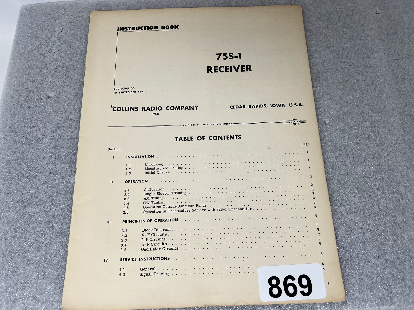 COLLINS 75S-1 Receiver Instruction Book