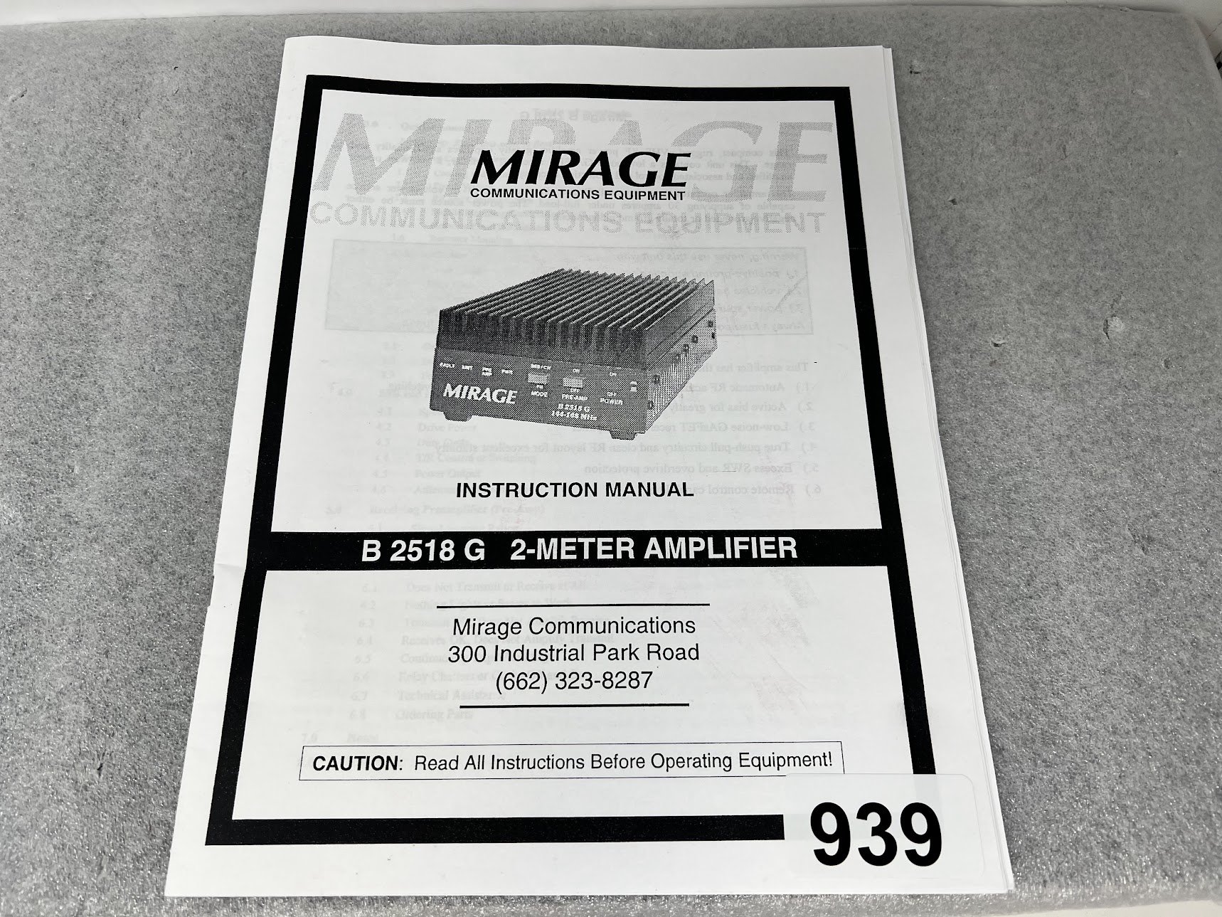 MIRAGE Communications Equipment Instruction Manual B 2518 G 2-Meter Amplifier