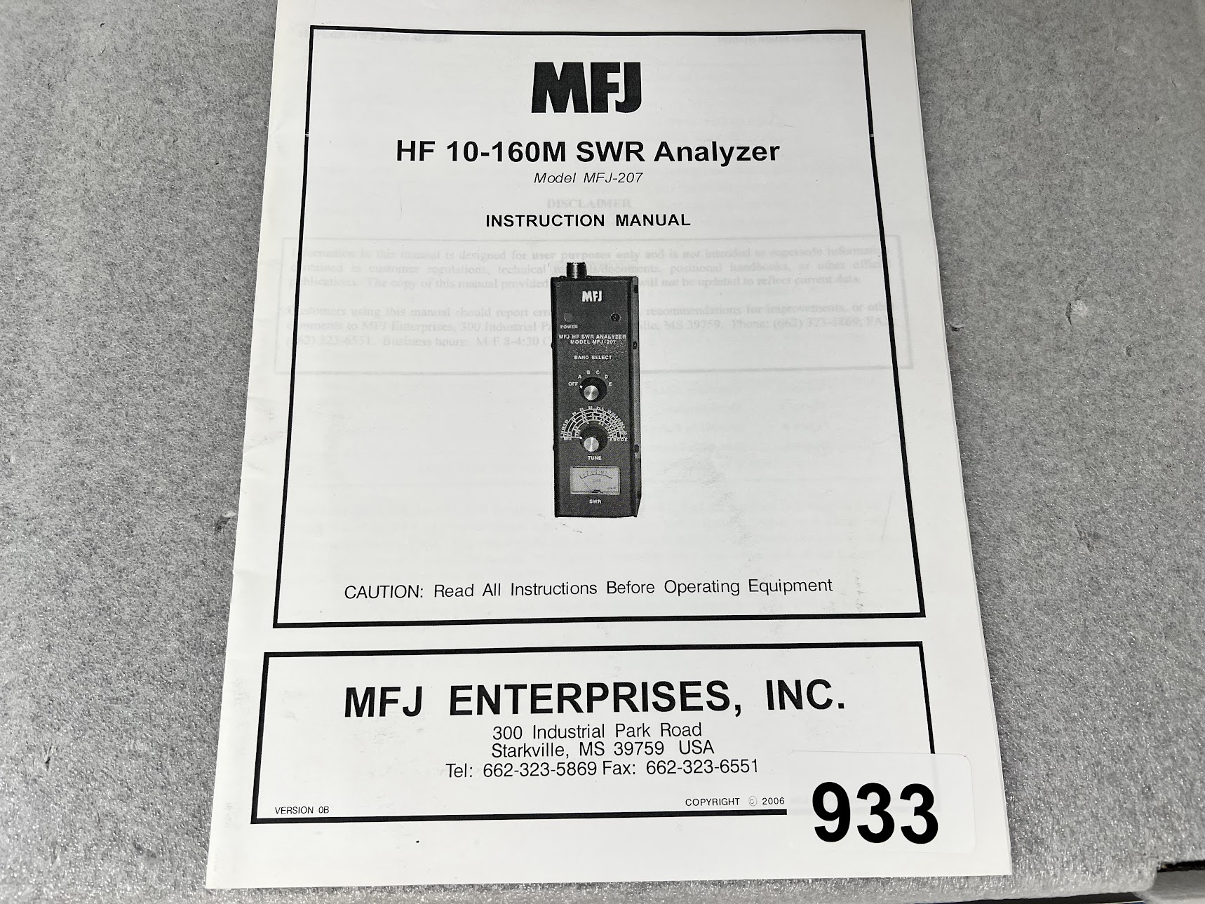 MFJ-207 SWR Analyzer Instruction Manual