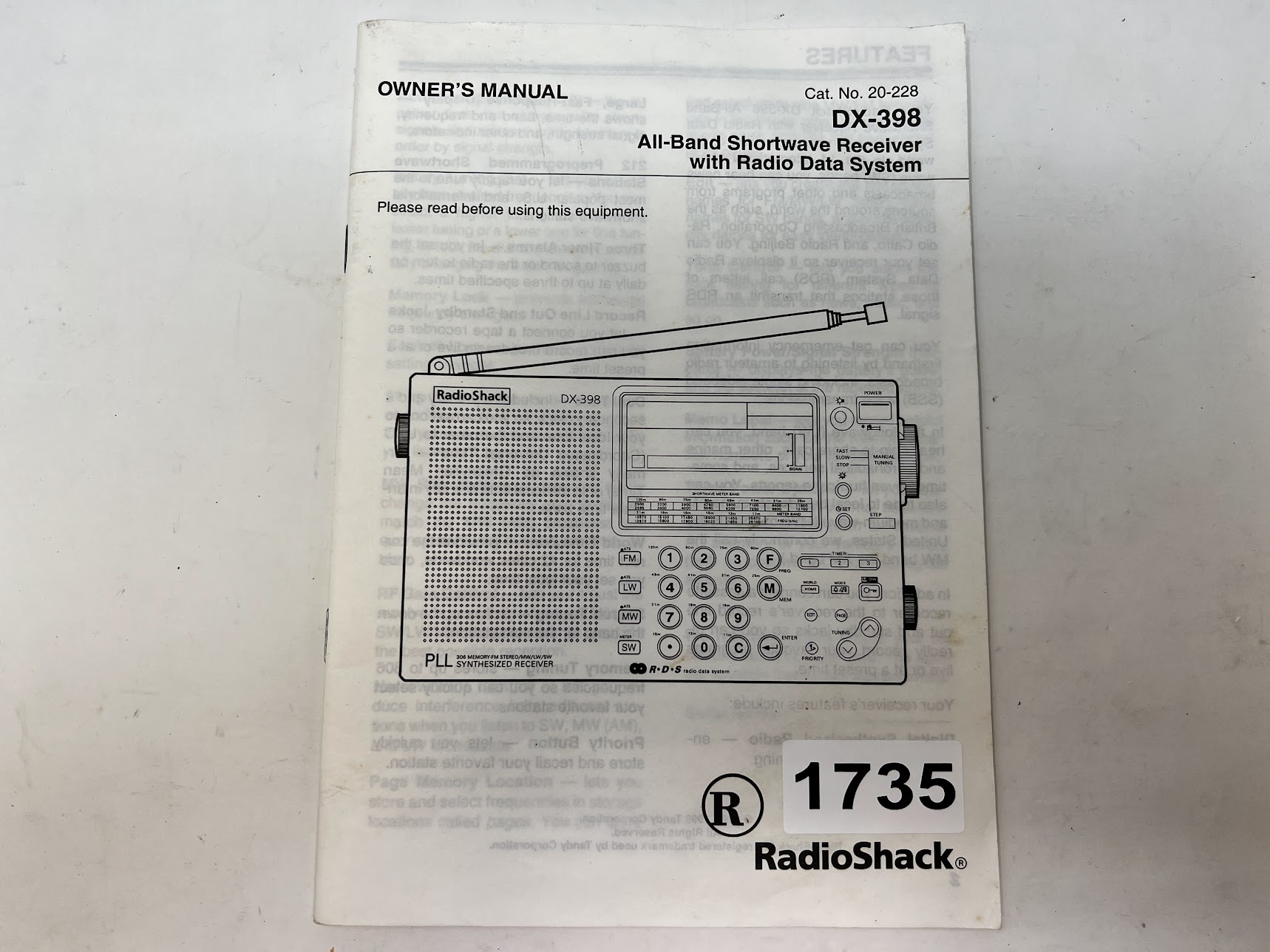RadioShack Owners Manual for DX-398 All-Band Shortwave Receiver with Radio Data System