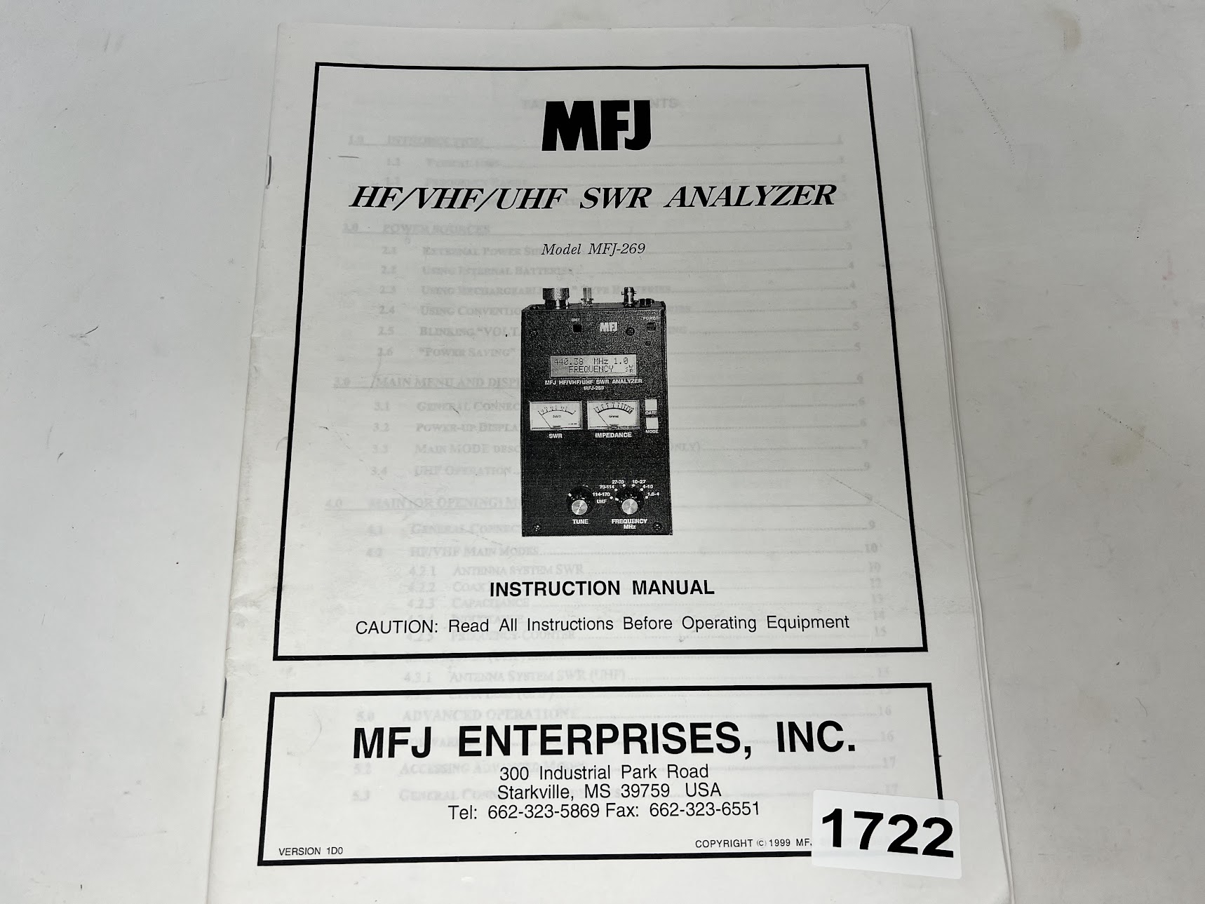 MFJ-269 HF/VHF/UHF SWR Analyzer - Instruction Manual